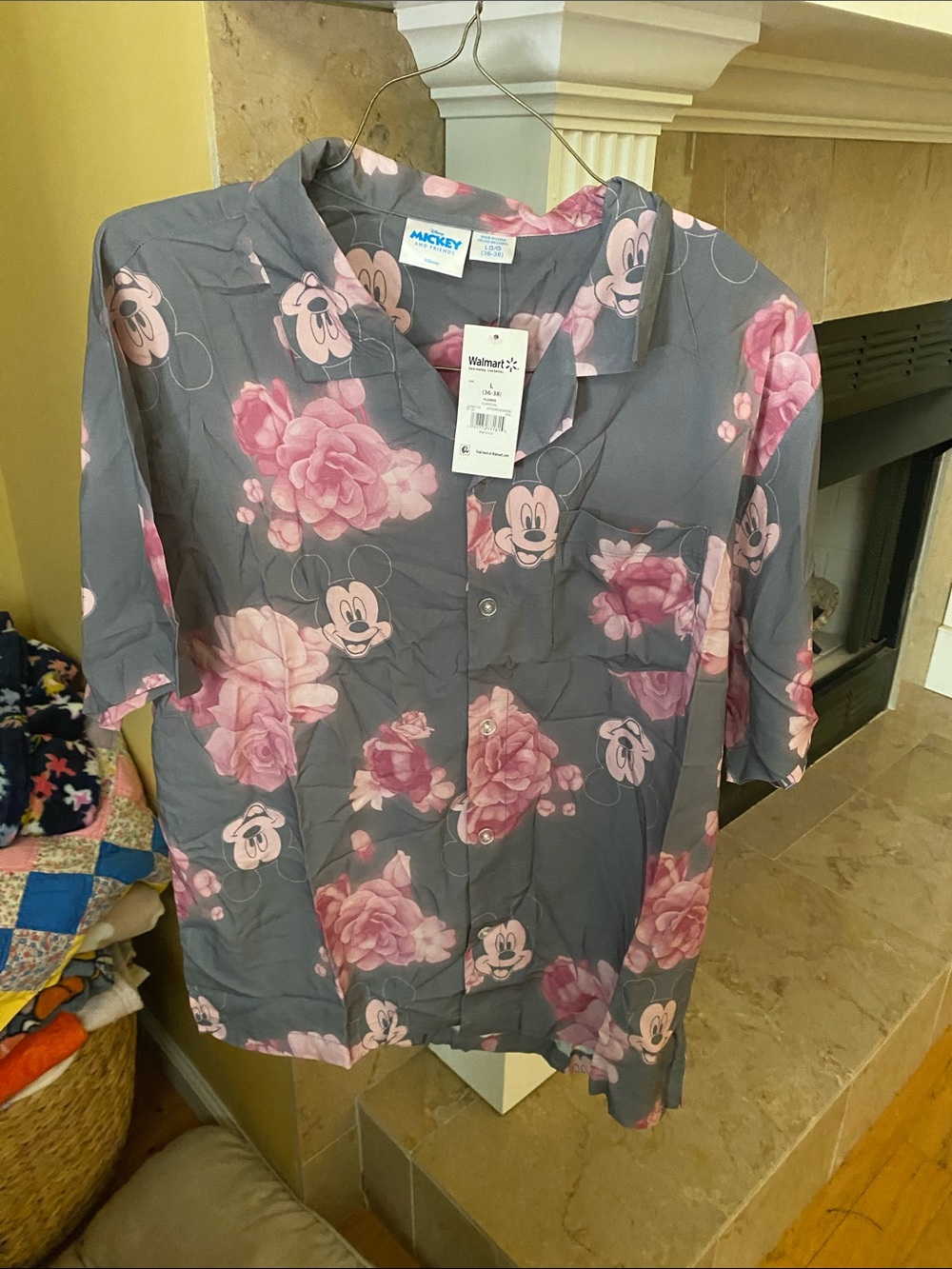 Disney Gray Button-Down Shirt with Pink Floral & Mickey Print